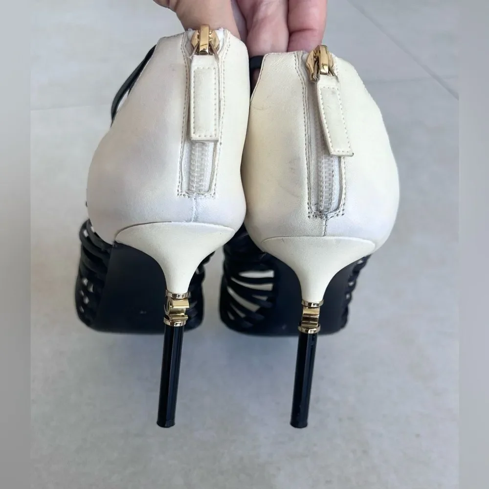 Chanel Caged CC Gladiator High Heel Peep Toe Sandals Black & Ivory Leather EU 41